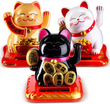3 Pcs 2.95" Lucky Cat Waving Arm Maneki Neko Lucky Cat Solar Feng Shui Fortun...