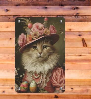 Regal Royal Victorian Tabby Cat Easter Eggs Spring Metal Wall Decor Sign 8x12