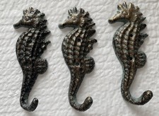 Set of 3 Cast Iron Seahorse Wall Hooks Teal Costal Nautical Beach 5"