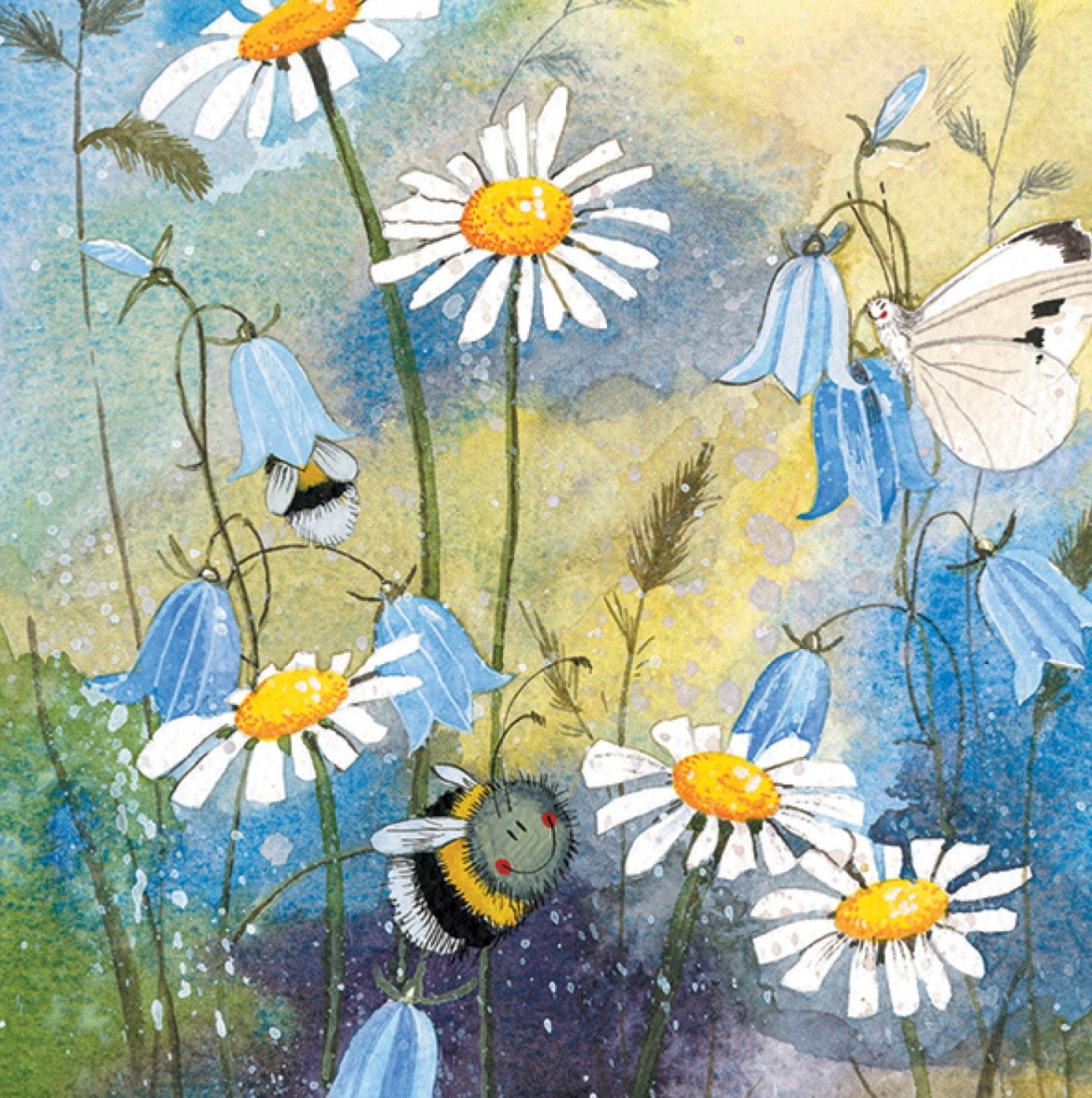 ALEX CLARK ~ BEE & DAISIES ~ BEE MEADOW BLANK CARD ~ HAREBELLS ~ BLANK INSIDE