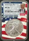 2020 $1 AMERICAN SILVER EAGLE NGC MS70 TRUMP Label FLAG CORE