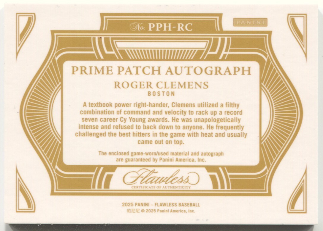 2025 Panini Flawless Roger Clemens Autograph Prime Ruby 3 Color Patch Auto #/20 view 2
