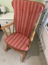 Wood Rocking Chair Medium Wood Tone High Back Arms Red Striped Cushions
