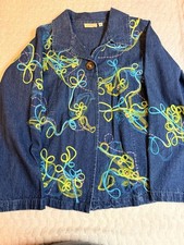 Choices Women s XL Denim Jacket Boho Embroidered Ribbon Art Button Front.G5