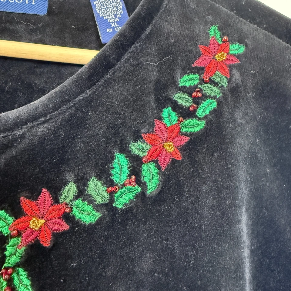 Cárdigan Vintage Karen Scott Terciopelo Bordado Poinsettia Navidad Vacaciones XL Foto 3 de 4