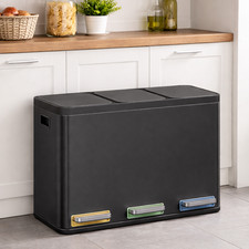 Kitchen Bin 45L Triple Pedal Recycling Waste Rubbish Stainless Steel Black