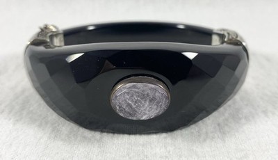 Vintage Sterling Silver Faceted Onyx Amethyst Hinged Bangle Bracelet 