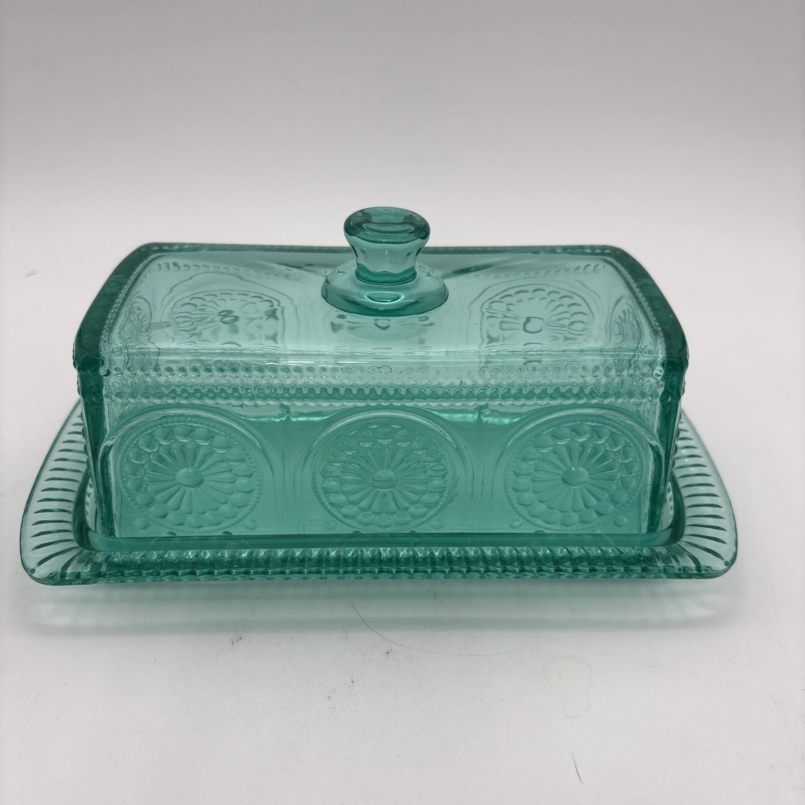 The Pioneer Woman Adeline Teal Glass Butter Dish Embossed Vintage Style
Opens in a new window or tab