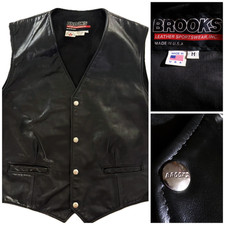 Vtg Men's Brooks Leather Vest Made in USA Lined Snap front 2 pockets Very Nice