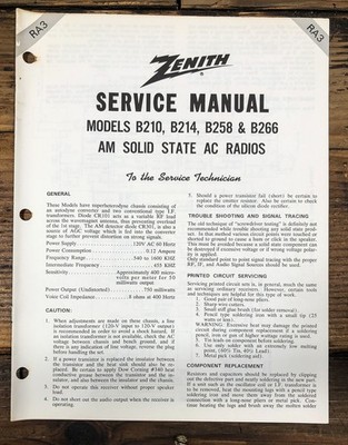 Zenith Model B210 B214 B258 B266  Service Manual *Original*