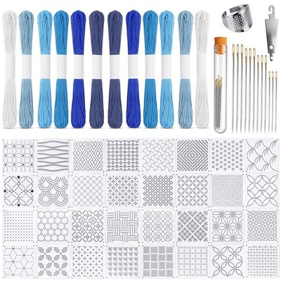 58 Pcs Sashiko Thread Kit with Geometric Stencils Needles for Jeans Repair DIY