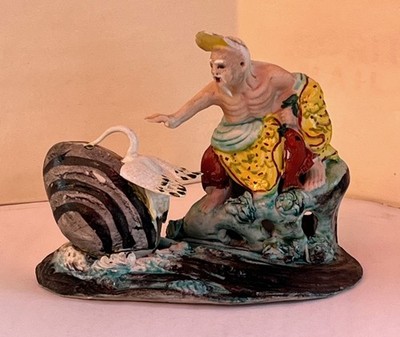 Antique Chinese Qing Famille Rose MUSSELL and HERON Diorama HP Porcelain Statue
