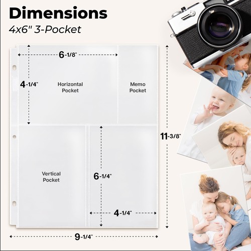 Photo Sleeves for 3-Ring Binder, (4x6 Mixed Format, 100 Pack) for 600 Picture... - Picture 2 of 8