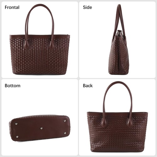Woven Tote Bag For Women Hand Make Vegan Leather Shoulder Coffee Color - Picture 2 of 6