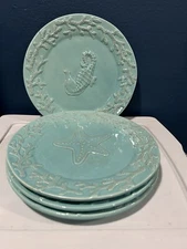 CRACKER BARREL SET OF FOUR SAND WASHED AQUA EMBOSSED PLATES, NAUTICAL MOTIFF