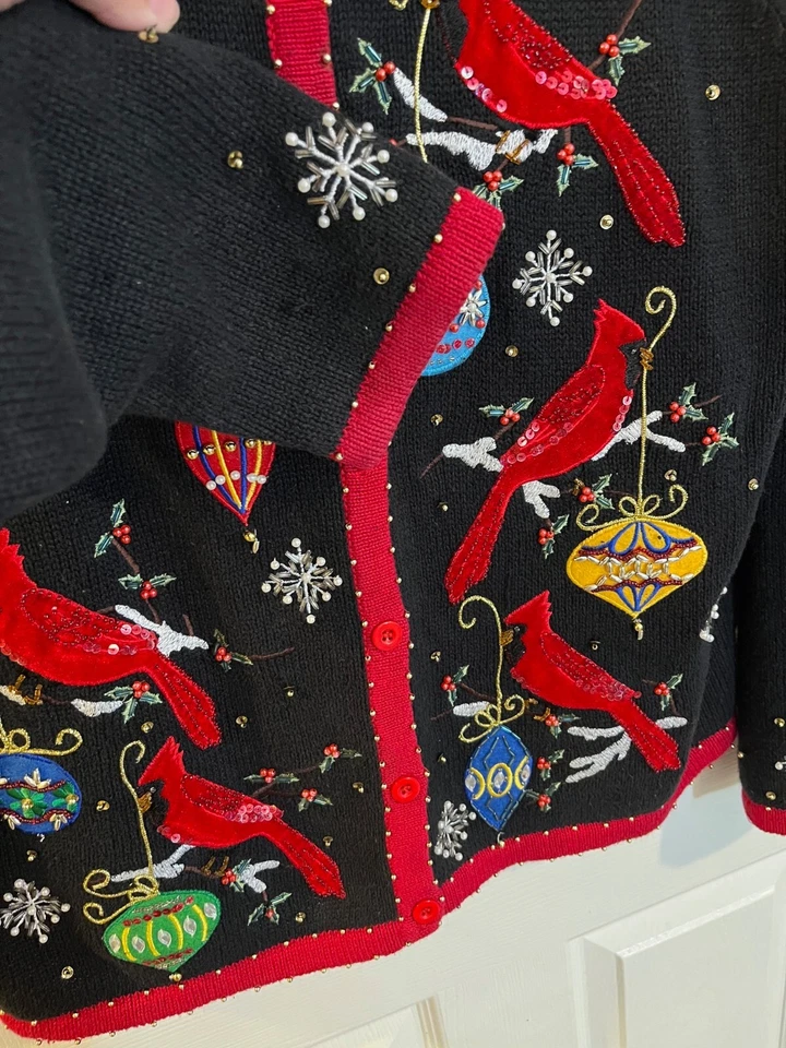 Cárdigan Suéter Kim Rogers Navidad Talla L Negro Vacaciones Bordado Cardenales Foto 4 de 4