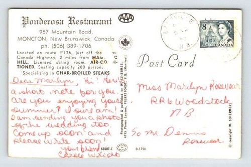 Moncton New Brunswick Canada Ponderosa Restaurant Postcard 1973 - Picture 2 of 2