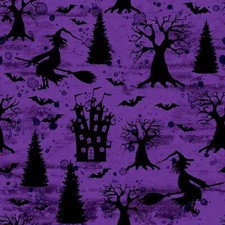 Halloween Witches Bats and Houses on Purple 100 Cotton Fabric
