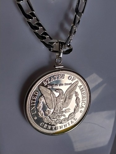 Silver Plated Necklace With 100th Anniversary Last Morgan Dollar. Chain 24" L - Picture 4 of 24