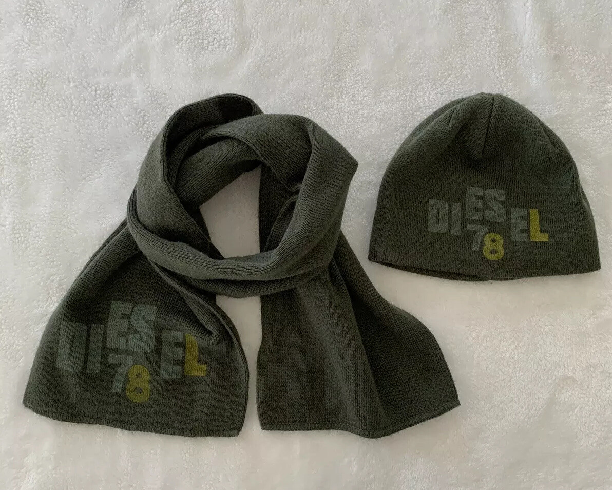 Diesel Unisex Kids/Women's 78 Logo Scarf Beanie Knit Set Army