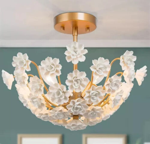 15.7” Gold Semi Flush Mount Ceiling Light, Modern Light Fixtures Ceramic Flowers