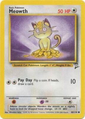 Heavily Played, English Pokemon Regular Meowth - 80/130 - Common - Unlimited Edi