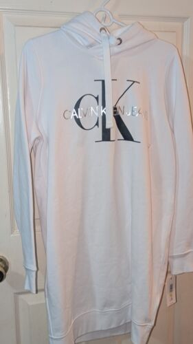 Calvin Klein Women’s Long Sleeve White Hoodie Sweatshirt Dress Silver Logo M NWT