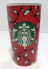 2016 Starbucks 12 fl oz Ceramic Christmas Travel Coffee Mug w/ lid String Lights