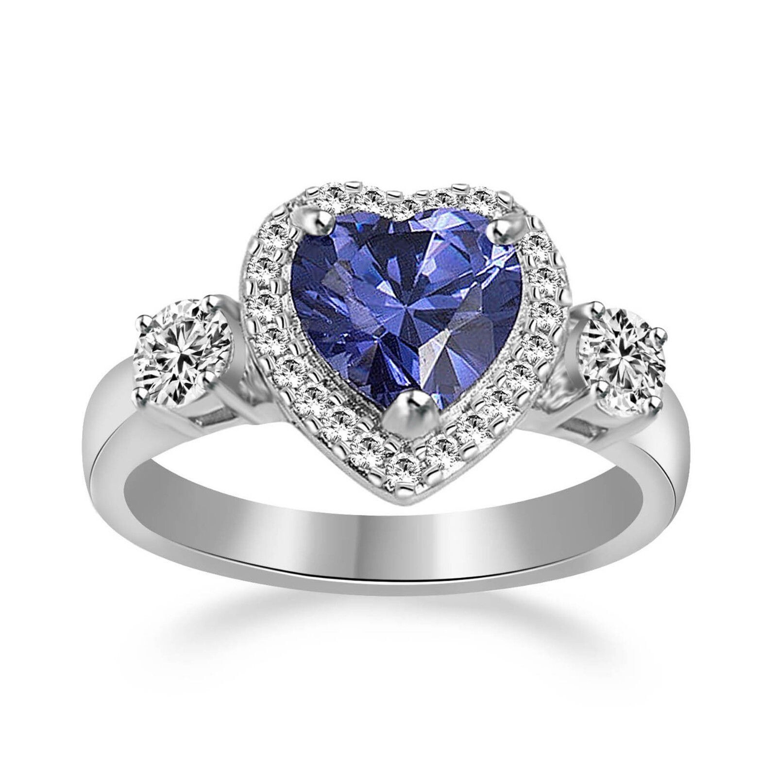 2 Ct Heart Cut Blue Sapphire Engagement Halo Ring 14K White Gold Plated Silver