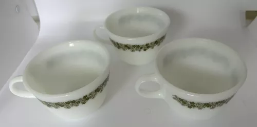 3 Vintage Pyrex Spring Blossom White Milk Glass Green Flower Coffee Cups Mugs
