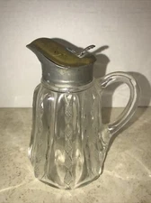 Antique Syrup Jar Pitcher Hinged Metal Lid Hand Blown 5”H X 4.5”W