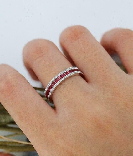 3Ct Princess Cut Ruby Lab created Eternity Wedding Band Ring 14K White Plated - Picture 4 of 5