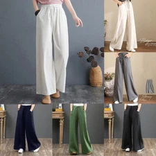 Women's Summer Solid Drawstring High Waist Wide Leg Loose Linen Palazzo Pants