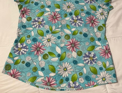 SB Scrub Top Women's Small Blue Purple Pink daisy floral Mock Wrap Pullover - Picture 6 of 12
