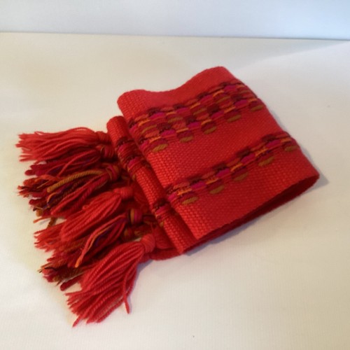 Maria Svatina Wool Scarf Red Fringed Knotted 1960 1970 Handwoven Canada Vintage - Picture 7 of 11