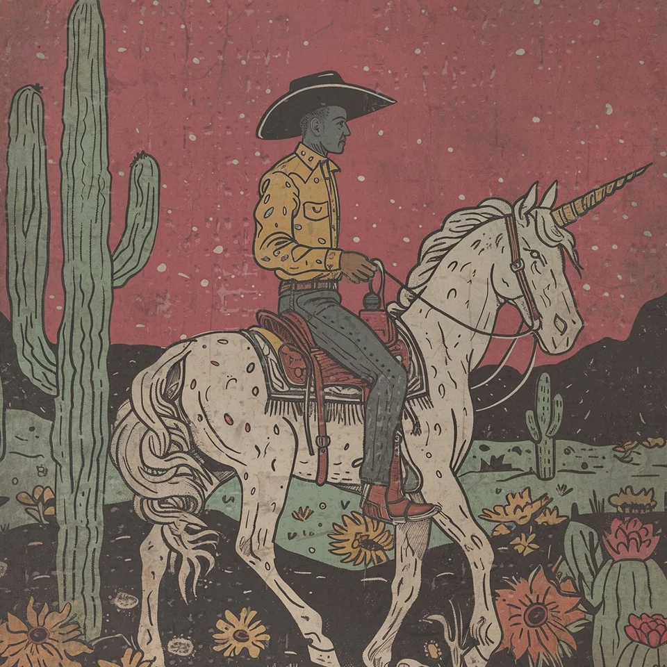 UNICORN COWBOY Wall Art, Retro Western Desert Flower Poster, Fantasy Horse Decor - Image 2 of 4