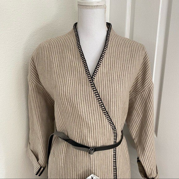 Zara Woman Stripe Wrap Dress Coat Sz Med Belted Linen Fringe Hem Roll Up Sleeves thumbnail 3