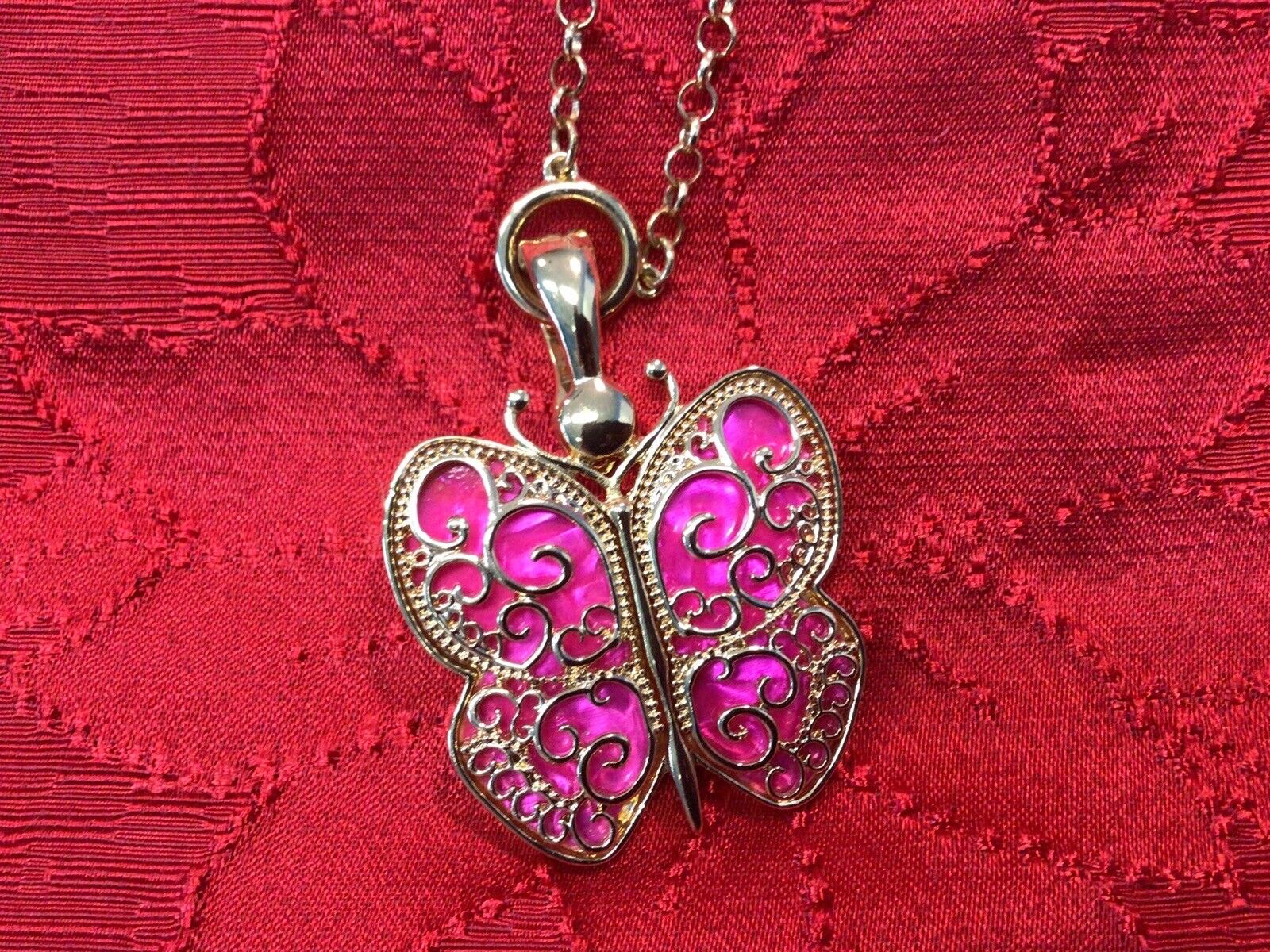 Wearable Art Pendant By Roman Gold Tone Hot PINK … - image 3