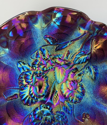 Imperial Glass Stippled Electric Blue Pansy 9" Amethyst Carnival Ruffled Bowl - Picture 10 of 20