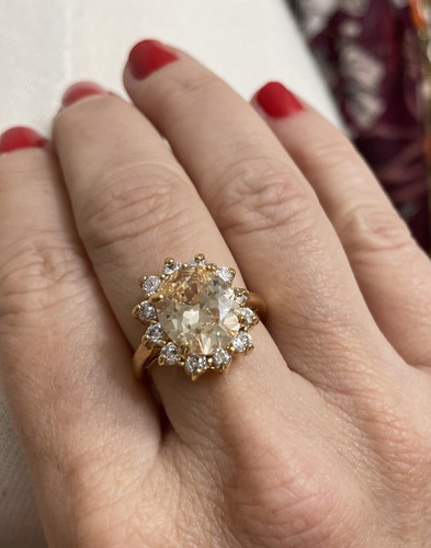 Yellow Tourmaline and Crystal Ring Stunning Sparkle Gold 12mm Oval Stone Sz 7.75 - Picture 3 of 12