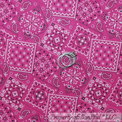 BonEful Fabric FQ Cotton Quilt VTG Pink B&W Cowgirl Bandana Paisley Flower Dot S - Picture 1 of 12