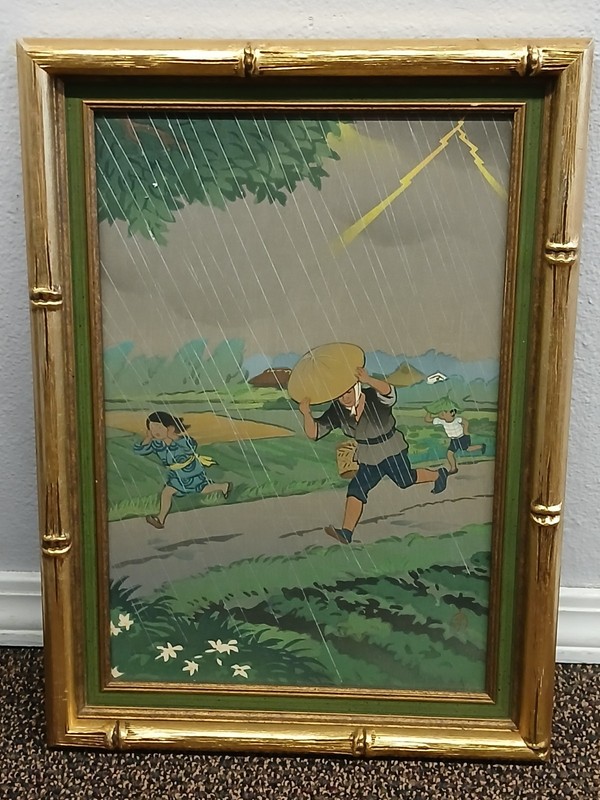Original Framed Hiyoshi Mamoru Thunder in Farming Land Woodblock Print