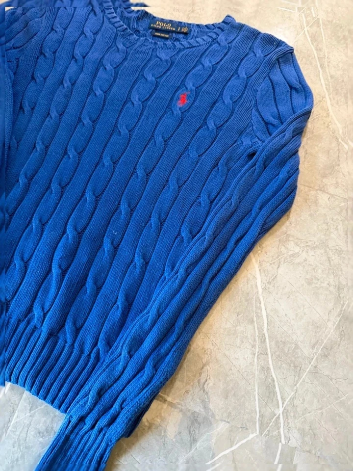 Pull Torsadé Ralph Lauren, Col Rond, Maille Cable Knit, bleu, Pima Coton #TRL2 - Photo 4/4