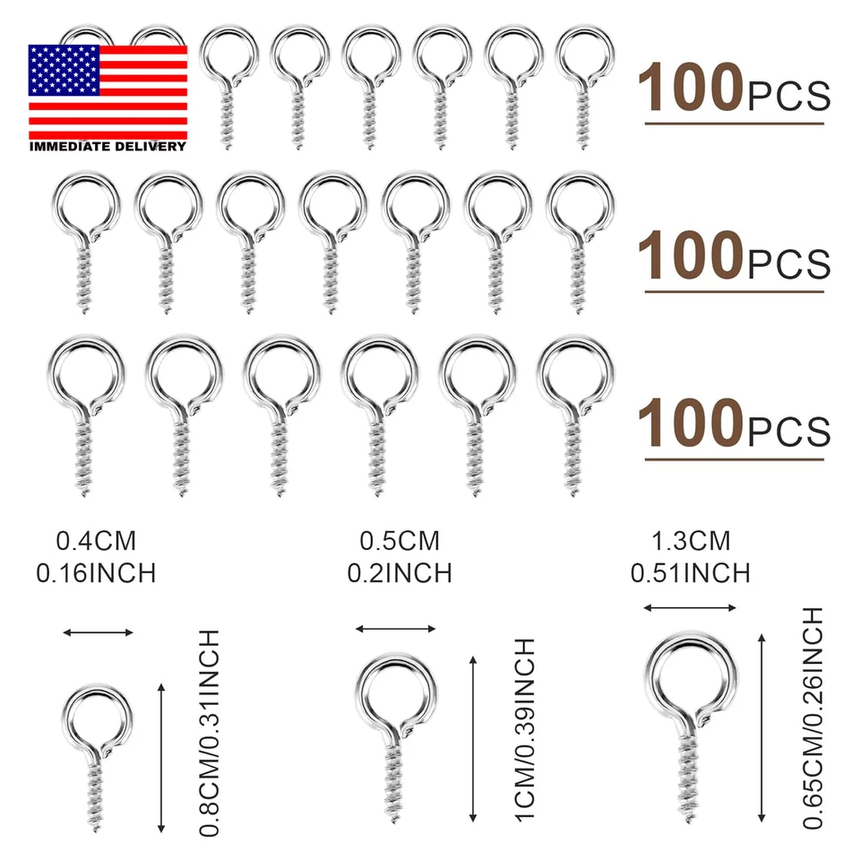 300 piezas pasadores de ojo de tornillo 3 tamaños pequeños tornillo roscado pasador de ojo ganchos mini acero inoxidable Foto 2 de 4