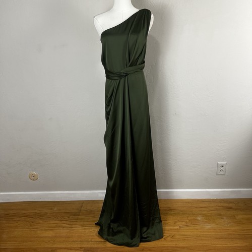 Dessy Collection Size 22 W Whisper Satin One Shoulder Drape Gown Olive Green NWT