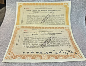 Lot of 2 1909 Geneva Corning and Southern Railroad Stock Certificates Cancelled