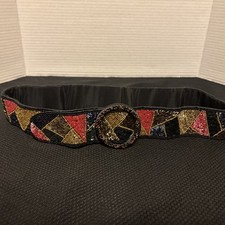 Vtg 80s Beaded Art Deco Geometric Adjustable Belt Black Multicolor Beads