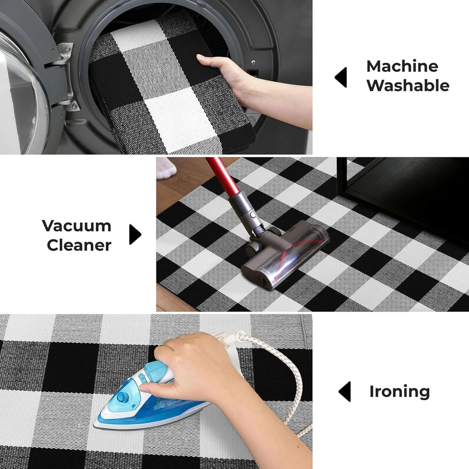 Небольшой ковер в клетку Buffalo 4 x 6 футов черно-белый моющийся - Изображение 4 из 4