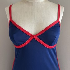 VTG Vassarette Long Nightgown Nylon Open Sides Navy Blue  Red Small 9