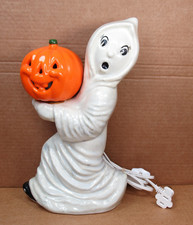 RARE Vtg Halloween Ceramic Light Up White Running Ghost Jack O'Lantern Pumpkin